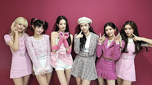 IVE K-pop Group in Coordinated Pink and Tweed Outfits Against a Magenta Backdrop HD wallpaper