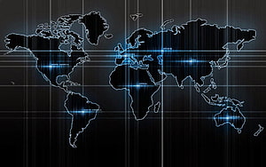 Futuristic Digital World Map with Glowing Blue Grid Lines and Continent Labels HD wallpaper