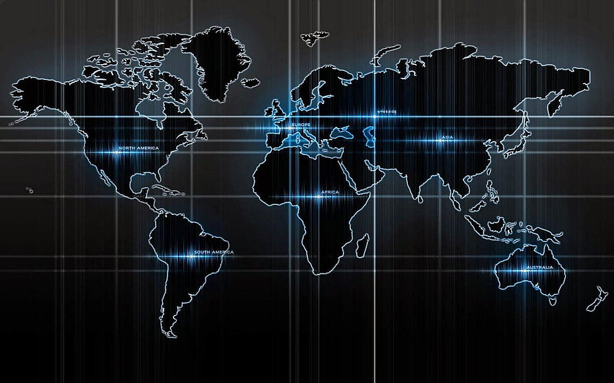 Futuristic Digital World Map with Glowing Blue Grid Lines and Continent Labels HD wallpaper