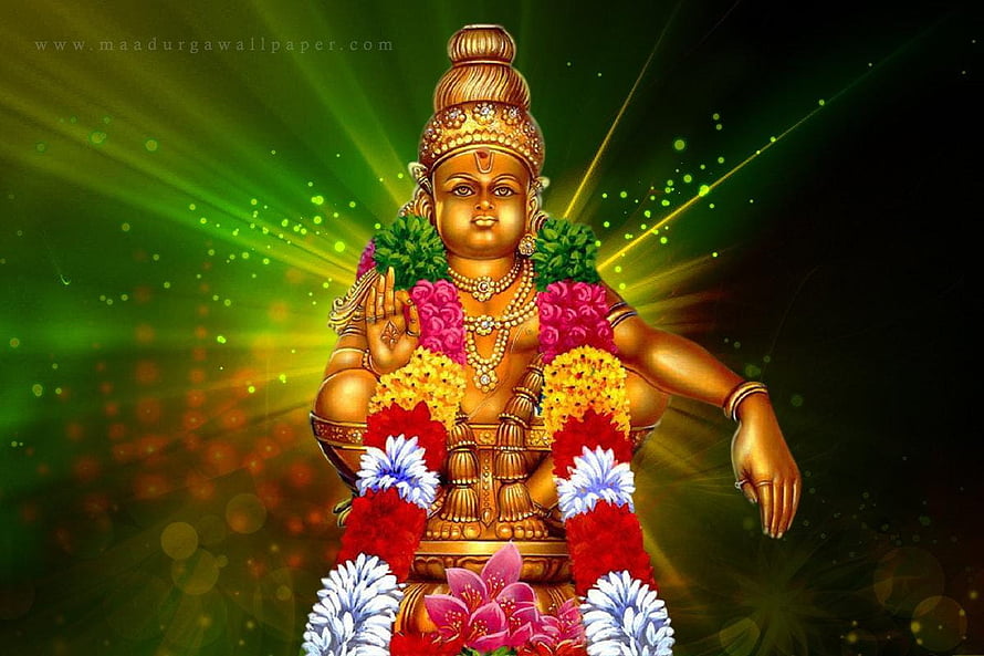 Lord Ayyappa Golden Idol Adorned With Vibrant Flower Garland And Radiant Green Background HD wallpaper