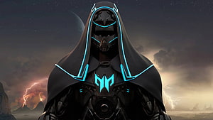 Acer Predator Cyber Knight in Black Hood with Glowing Blue Accents HD wallpaper