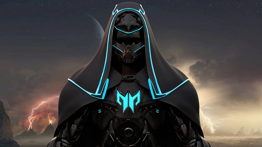 Acer Predator Cyber Knight in Black Hood with Glowing Blue Accents HD wallpaper