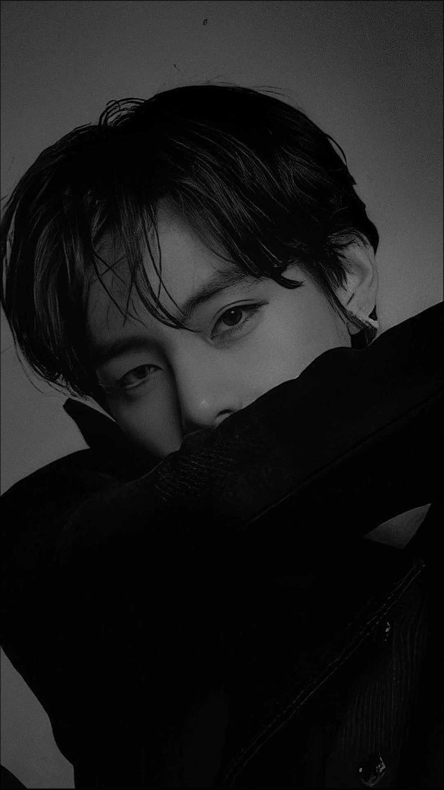BTS V Black and White Portrait with Dark Jacket and Intense Gaze HD phone wallpaper