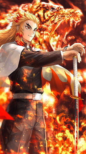 Kyojuro Rengoku from Demon Slayer with Flame Tiger and Katana in Fiery Blaze HD phone wallpaper