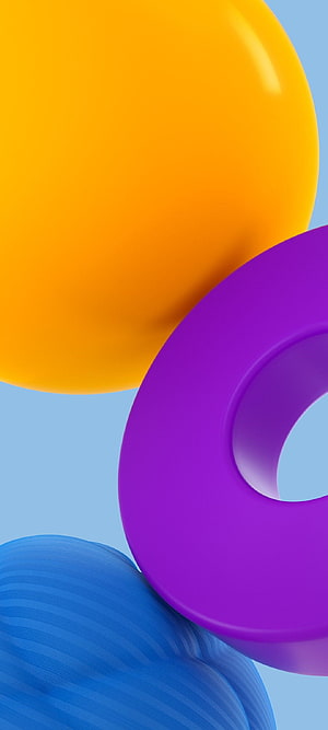 Vibrant 3D Abstract Geometric Shapes with Orange Sphere and Purple Torus on Light Blue Background HD phone wallpaper
