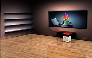Modern Home Office Interior With Wall-Mounted TV And Floating Shelves HD wallpaper