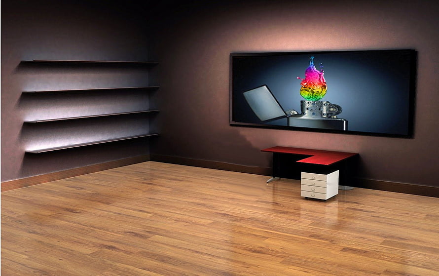 Modern Home Office Interior With Wall-Mounted TV And Floating Shelves HD wallpaper