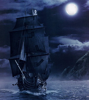 The Black Pearl sailing through dark waters under a full moon with a skull flag HD phone wallpaper
