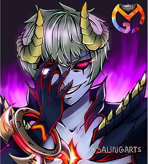 Dyrroth from Mobile Legends in a menacing anime style with glowing red eyes and golden horns HD phone wallpaper