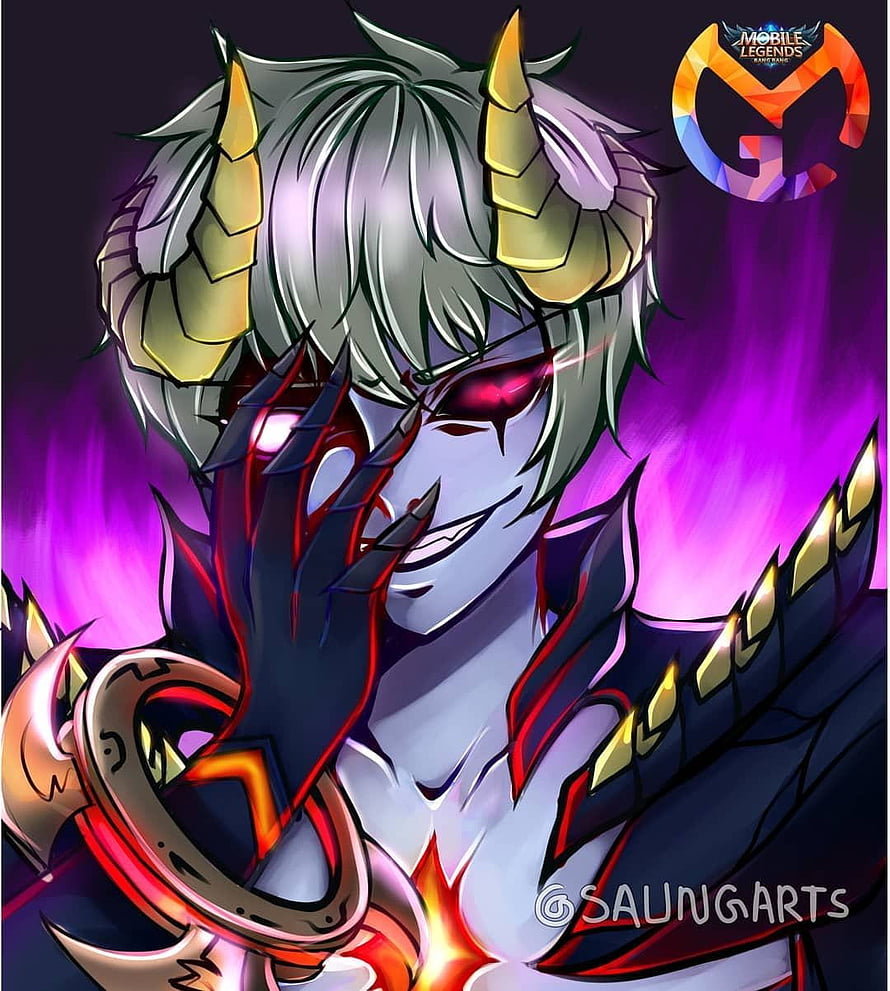 Dyrroth from Mobile Legends in a menacing anime style with glowing red eyes and golden horns HD phone wallpaper