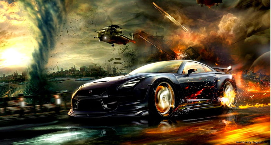 Black Supercar Racing Through Explosive Cityscape With Helicopter And Fire HD wallpaper