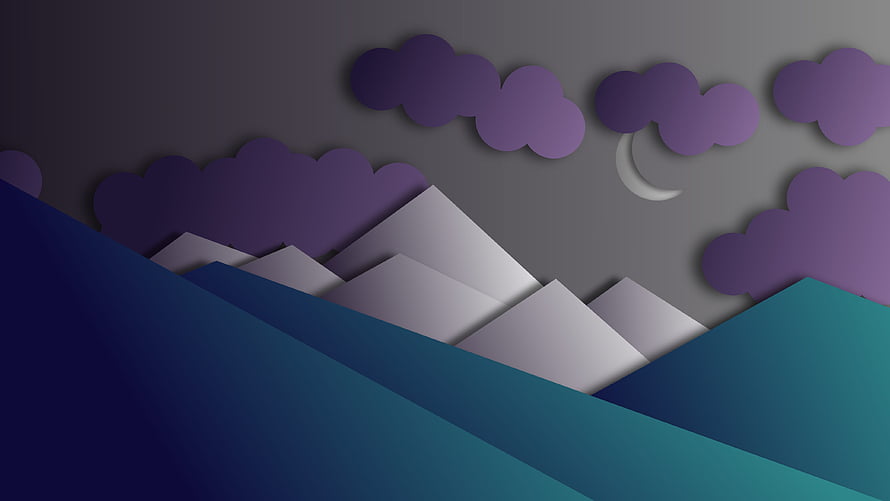 Material Design Twilight Landscape with Paper Cutout Mountains and Crescent Moon HD wallpaper