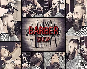 Vintage Barber Shop Collage Featuring Bearded Men, Haircuts, and Classic Grooming Tools HD wallpaper