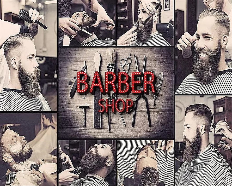 Vintage Barber Shop Collage Featuring Bearded Men, Haircuts, and Classic Grooming Tools HD wallpaper
