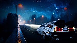 Back to the Future DeLorean Time Machine on a Rainy Night Road HD wallpaper