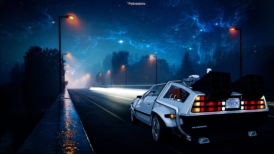 Back to the Future DeLorean Time Machine on a Rainy Night Road HD wallpaper