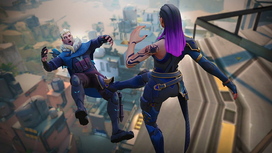 Valorant Agent Jett Kicks Agent Cypher in Dynamic 3D Action Scene HD wallpaper