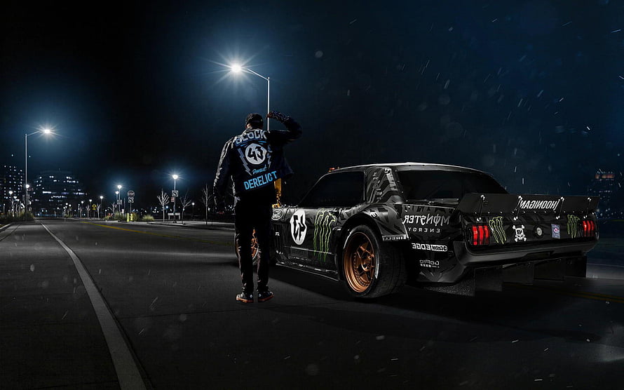 Ken Block Hoonigan Ford Mustang GT on a dark city street at night HD wallpaper