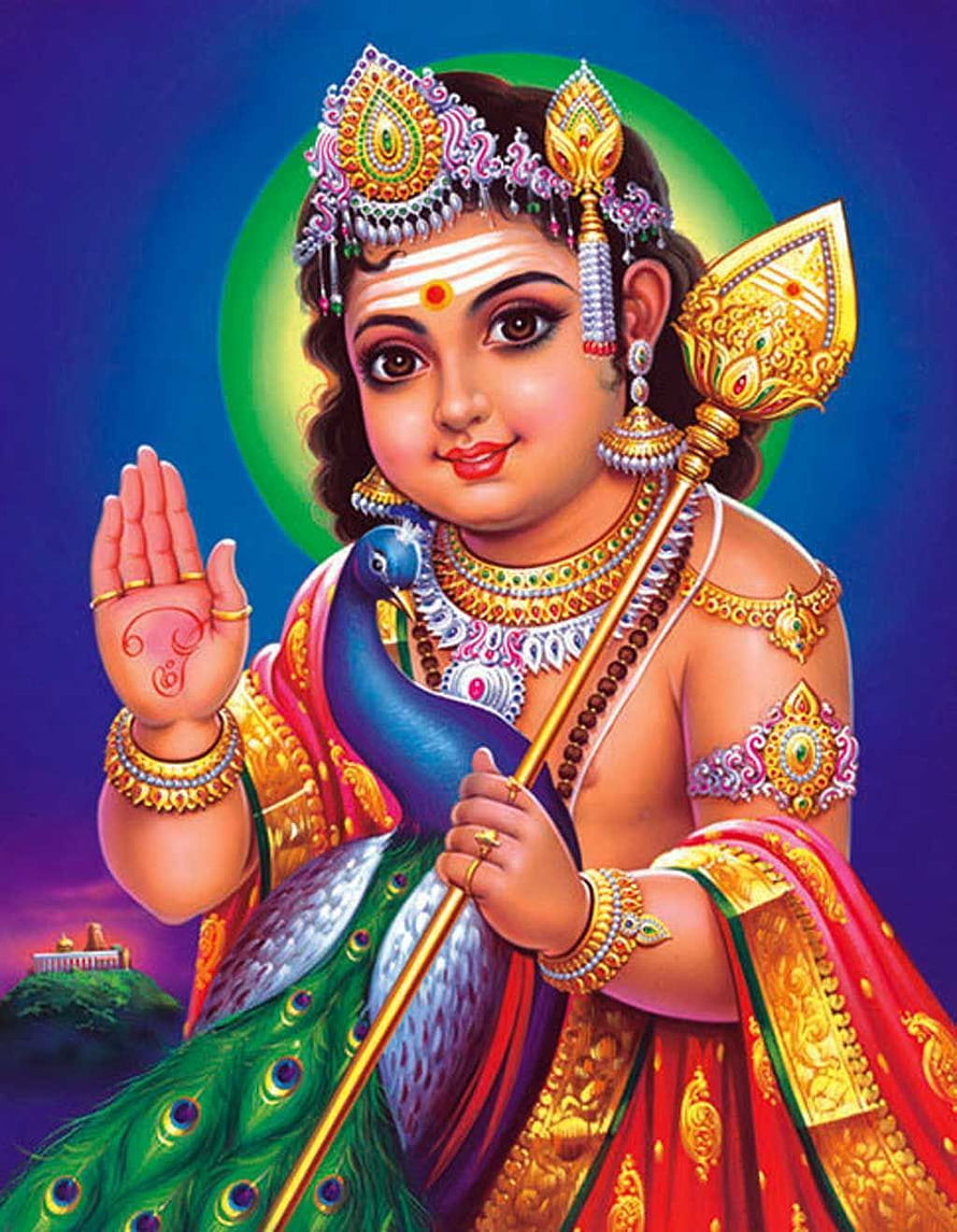 Baby Murugan Devotional Portrait With Peacock And Golden Vajra HD phone wallpaper