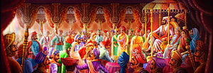 Shivrajyabhishek Royal Coronation Scene with King on Throne and Courtiers in Vibrant Indian Illustration HD wallpaper