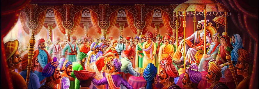 Shivrajyabhishek Royal Coronation Scene with King on Throne and Courtiers in Vibrant Indian Illustration HD wallpaper