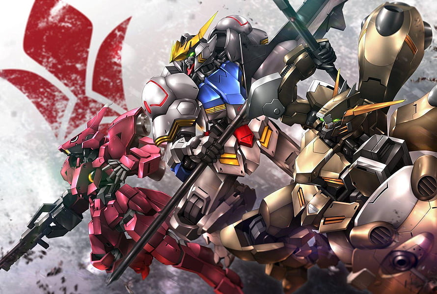Gundam Barbatos and Mobile Suit Trio in Dynamic Combat Pose HD wallpaper