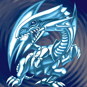 Blue-Eyes White Dragon from Yu-Gi-Oh! in a dynamic silver pose against a swirling dark background HD phone wallpaper
