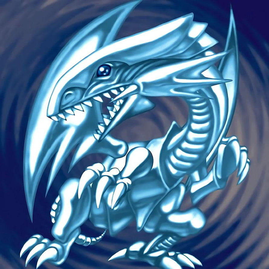 Blue-Eyes White Dragon from Yu-Gi-Oh! in a dynamic silver pose against a swirling dark background HD phone wallpaper