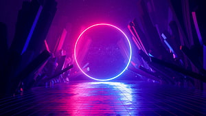 Neon Ring Portal in a Futuristic Crystal Cavern with Reflective Grid Floor HD wallpaper
