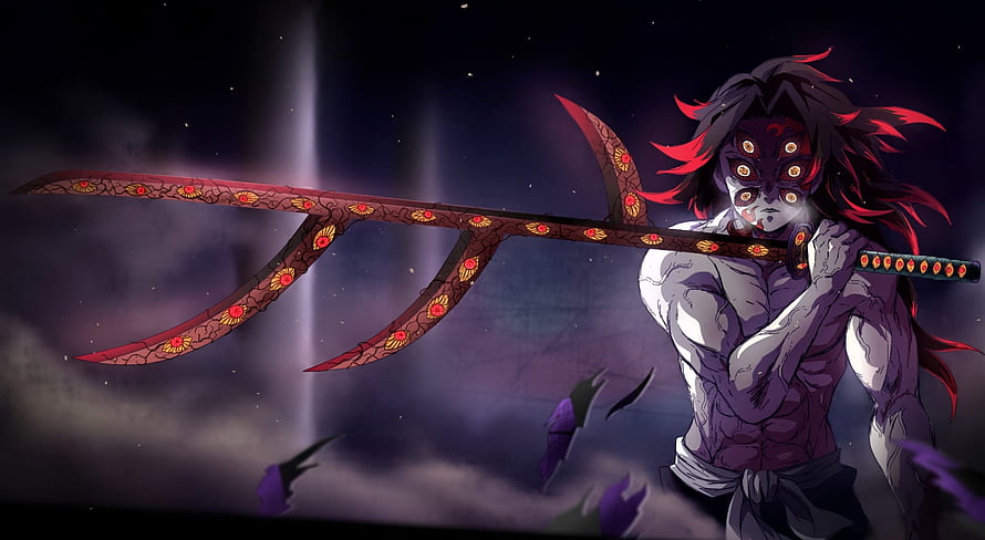 Kokushibo Upper Rank One Demon Slayer Anime Character with Crescent Blade HD wallpaper