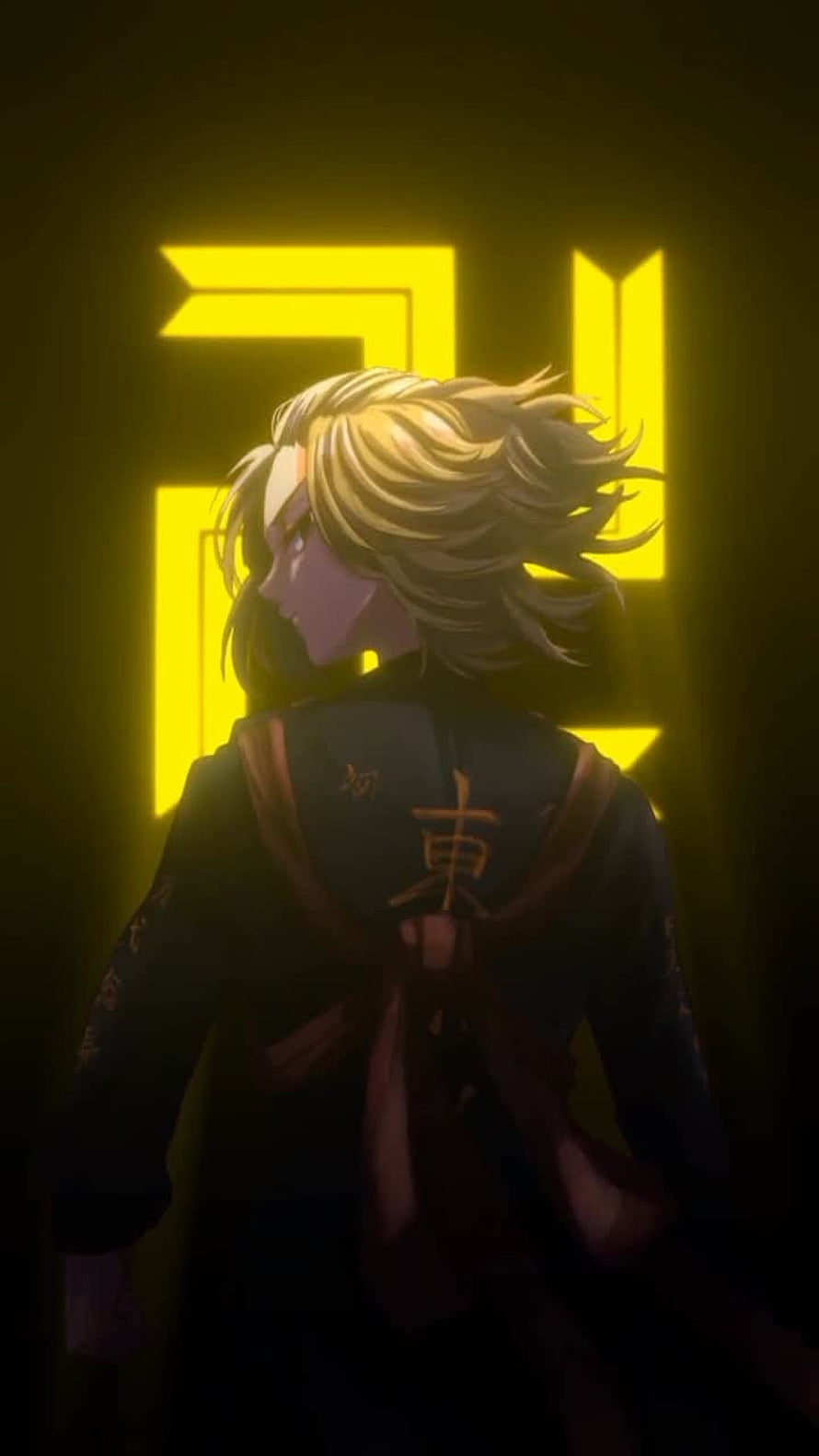 Tokyo Revengers Anime Character Silhouette Against Glowing Yellow Kanji Backdrop HD phone wallpaper