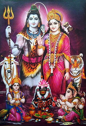 Lord Shiva, Parvati, Ganesha, and Kartikeya with Nandi and Tiger in Traditional Indian Art HD phone wallpaper