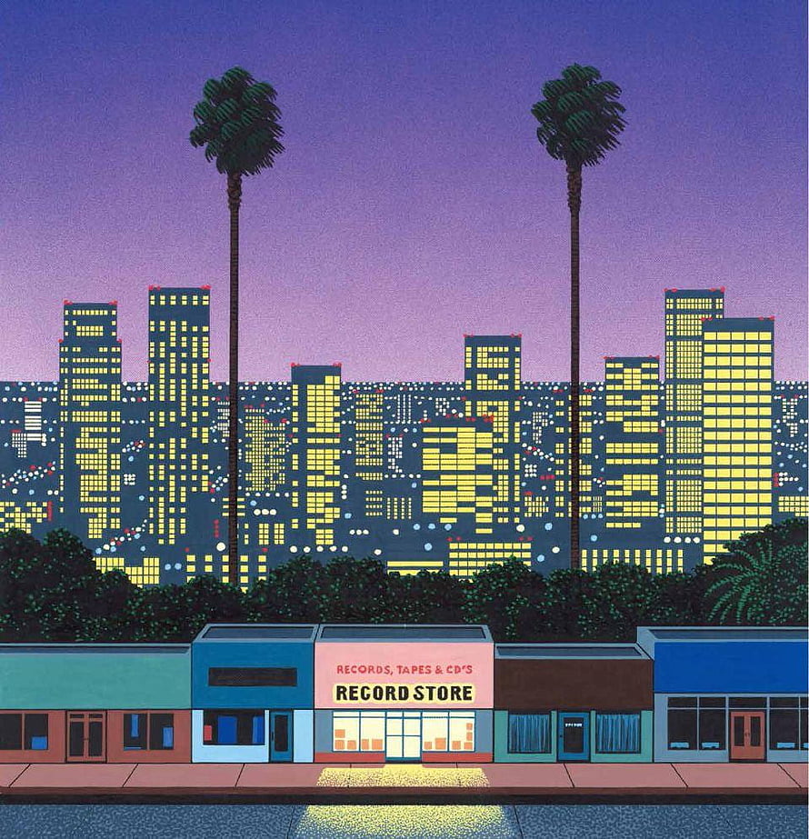 Hiroshi Nagai Illustration of a Record Store at Dusk with City Skyline and Palm Trees HD phone wallpaper