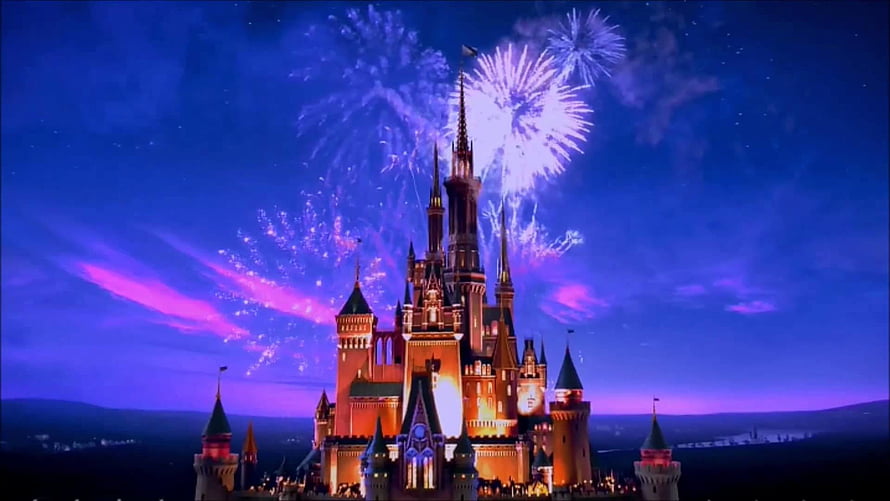 Disney Castle at Night with Fireworks and Purple Sky HD wallpaper
