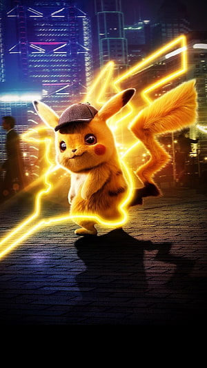 Detective Pikachu in a neon-lit cityscape with glowing electric aura and detective hat HD phone wallpaper