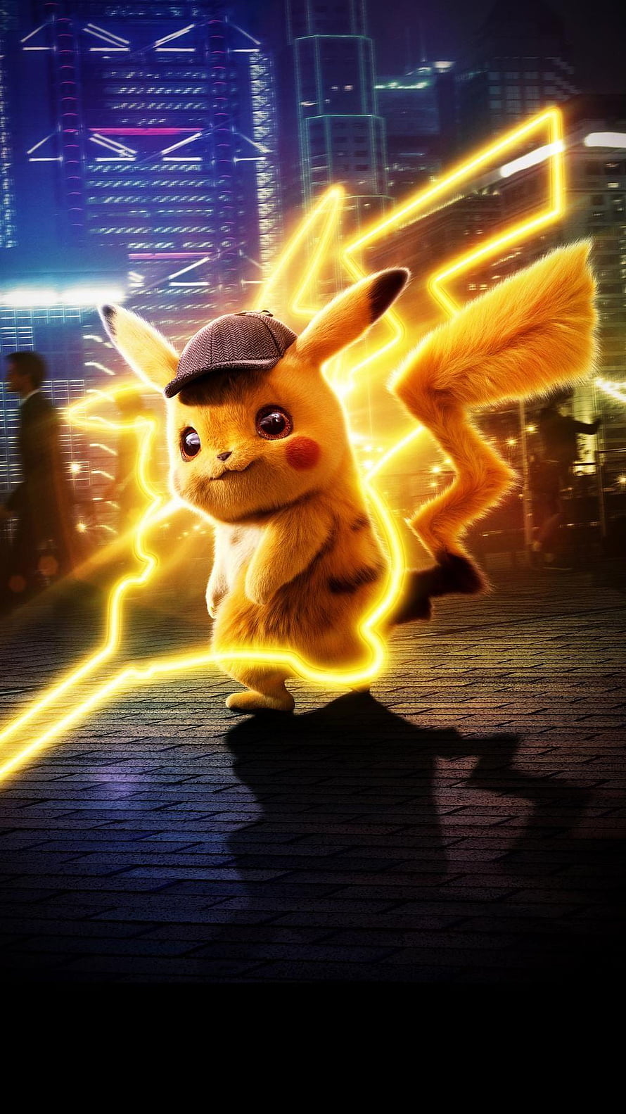 Detective Pikachu in a neon-lit cityscape with glowing electric aura and detective hat HD phone wallpaper