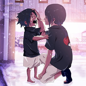 Itachi Uchiha Comforting Crying Sasuke Uchiha in Emotional Anime Illustration HD phone wallpaper