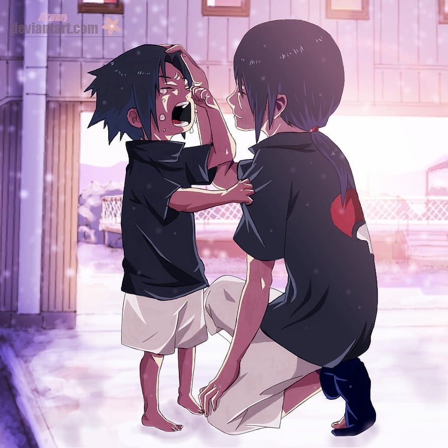 Itachi Uchiha Comforting Crying Sasuke Uchiha in Emotional Anime Illustration HD phone wallpaper