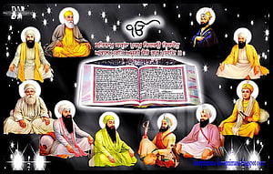 Ten Sikh Gurus Surrounding Open Guru Granth Sahib Scripture HD wallpaper
