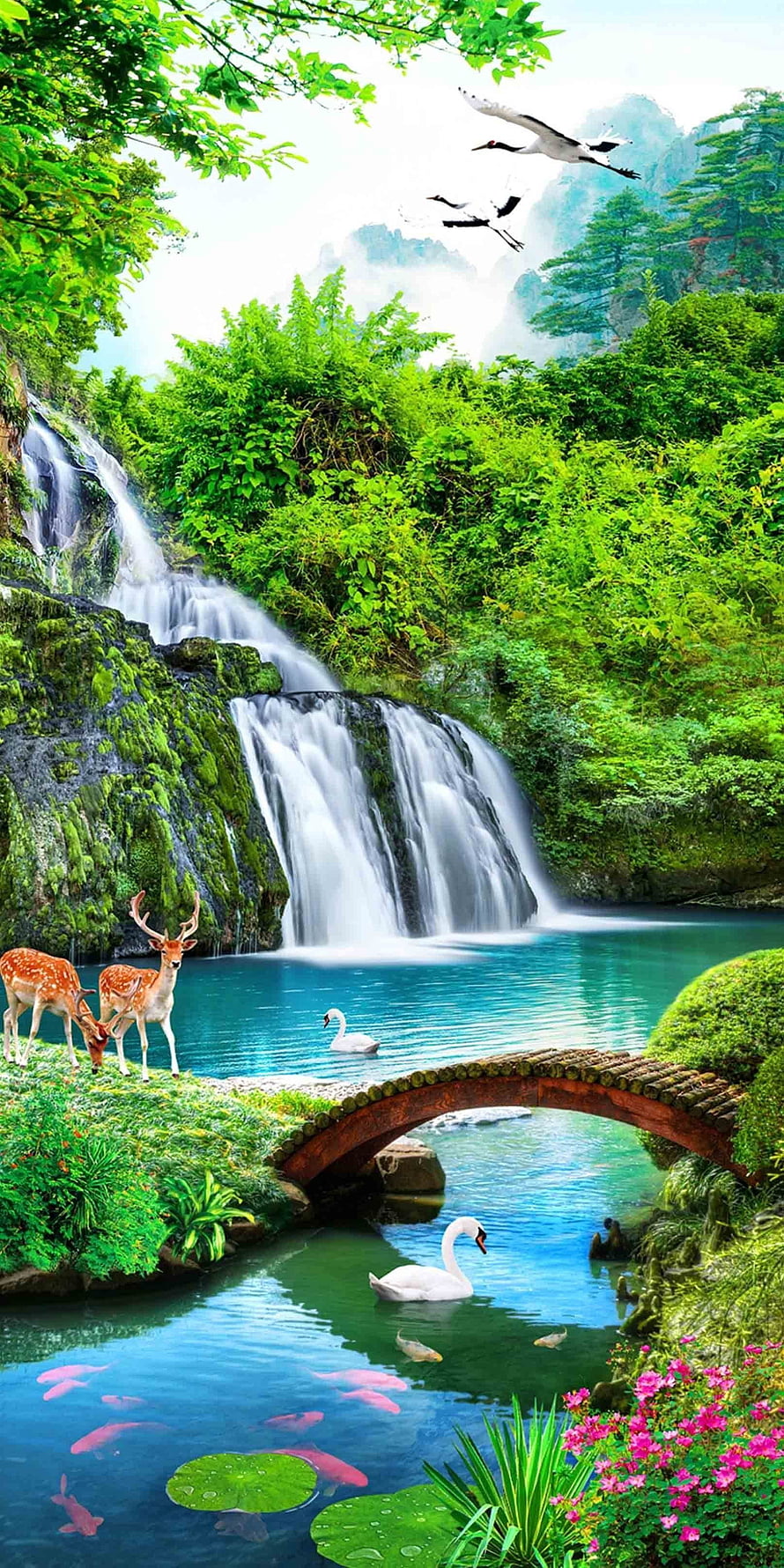 Serene Waterfall Landscape with Deer, Swans, and Koi in a Lush Green Garden HD phone wallpaper