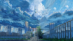 Tenki No Ko Anime Scene: Boy Reaching Toward Floating Girl in Rainy Sky Over City HD wallpaper