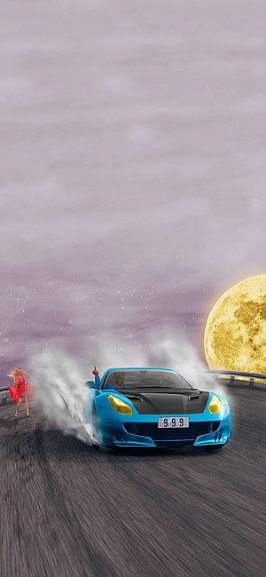 Juice Wrld Blue Sports Car Drift Scene With Moon And Woman In Red Dress HD phone wallpaper