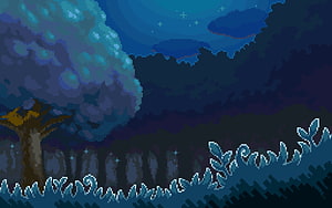 Pixel Art Nocturnal Forest Scene with Glowing Flora and Starry Night Sky HD wallpaper