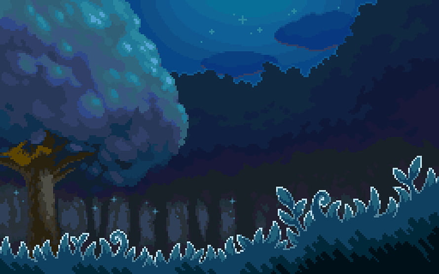 Pixel Art Nocturnal Forest Scene with Glowing Flora and Starry Night Sky HD wallpaper