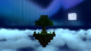 Minecraft Skyblock Floating Island with Tree and Fireflies Under Starry Night Sky HD wallpaper