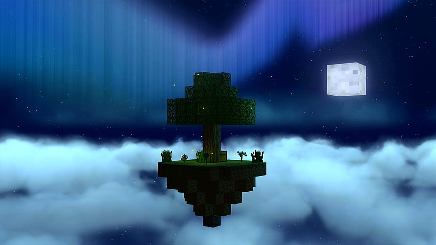 Minecraft Skyblock Floating Island with Tree and Fireflies Under Starry Night Sky HD wallpaper