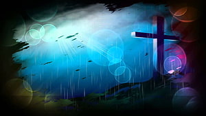 Christian Cross in Rainy Sky with Divine Light Rays and Bokeh Effects HD wallpaper