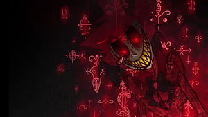 Alastor from Hazbin Hotel with glowing red eyes and dark occult symbols HD wallpaper