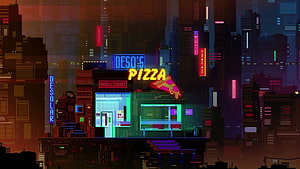 Neon-lit Cyberpunk Cityscape with Pixel Art Pizza Shop and Glowing Signs HD wallpaper
