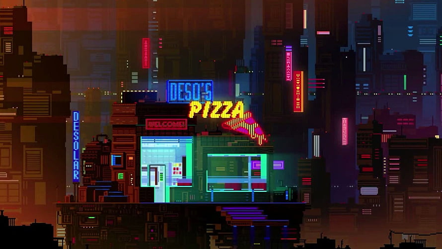 Neon-lit Cyberpunk Cityscape with Pixel Art Pizza Shop and Glowing Signs HD wallpaper